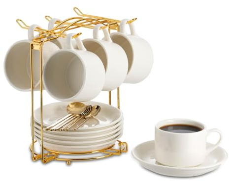 YOLIFE 4 OZ Porcelain Espresso Cups with Saucers with Metal Stand | Stackable Espresso Cups with Gold Foldable Storage Rack and Espresso Spoons Set of 6 - White
