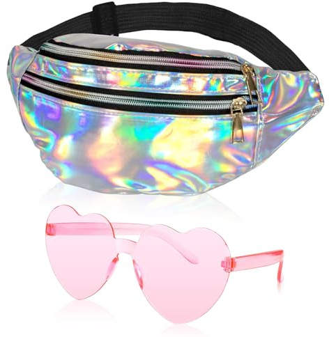 80er 90er Jahre Accessoires, Bauchtasche 80 er Jahre Damen, Bauchtasche Glitzer, Bauchtasches Metallic mit Herzbrille, 70er 80er 90er Jahre Outfit Damen für Karnevals, Disco Partys (Silber)