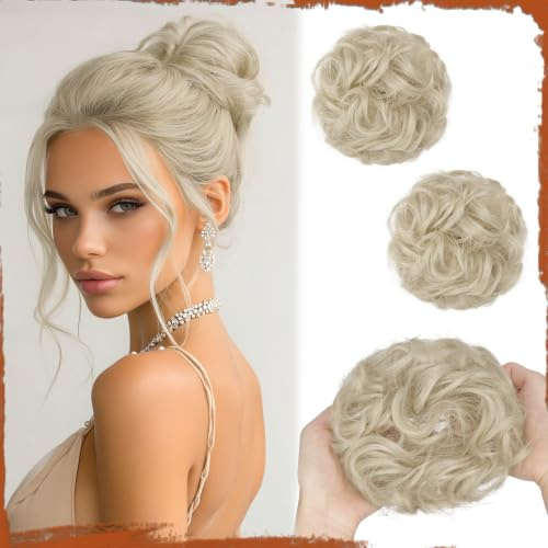 Sofeiyan 2PCS Messy Bun Haarteil mit Gummiband,Platinblond | Gelockt Dutt Haarteil,Synthetische Messy Bun Haar Tousled Updo Haarteile für Frauen Alltag Hochzeit