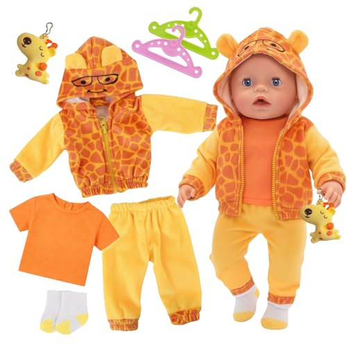 7 Stück Baby Kleidung für 14-18 Zoll Baby Puppen, Puppenkleidung Outfits mit 1 Kapuzenpullover 1 Jogginghose 1 Kurzärmeliges Oberteil 1 Kleines REH-Stofftier 1 Socken 2 Kleiderbügel für 35 - 45 cm