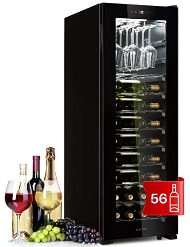 KLARSTEIN Cave a Vin, Réfrigérateur à Vin sur Pieds avec Porte en Verre, Cave à Vin de Vieillissement, Prosecco, Bière, Ecran Tactile, Réfrigérateur Bar, Frigo, Protection UV, 5-20°C, 56 Bouteilles