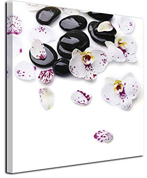 DECLINA Tableau Orchidées et Galet Zen - Impression sur Toile décoration Murale Zen - Déco Maison, Cuisine, Salon, Chambre Adulte - Rose 30x30 cm