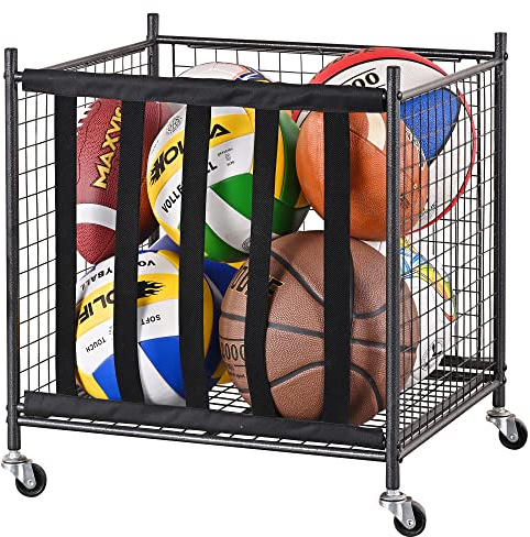 Mythinglogic Rolling Ball Storage Cart, Sports Equipment Storage Organizer for Garage/Basement/Entryway, Ball Storage Bin with Casters (Compact)