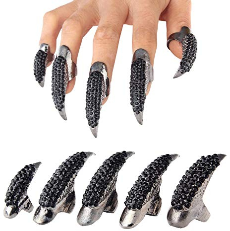 Petalum 10st Gothic Punk Finger Ring Bling Bling Krallen Nägel Gefälschte Falsche Nägel Set für Halloween Party Cosplay