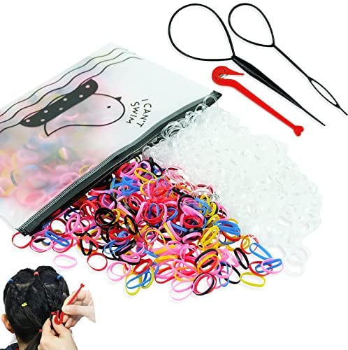 Hanyousheng Mini Haargummis, 1000 Stück KleineHaargummis, Gummi Haargummis Bunt/Transparent, Elastische Haargummis Mädchen für Feines Haar und Haarflechten, Kleine Dreadlocks, 2 Flechthilfe Haare