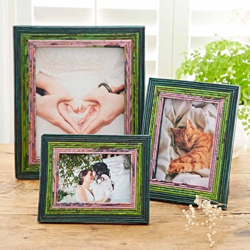 Marco de fotos de periódico reciclado, verde oscuro/verde claro/lila, 6 x 4 pulgadas, marco de fotos sostenible, marcos coloridos hechos a mano, regalos de comercio justo para hombres y mujeres