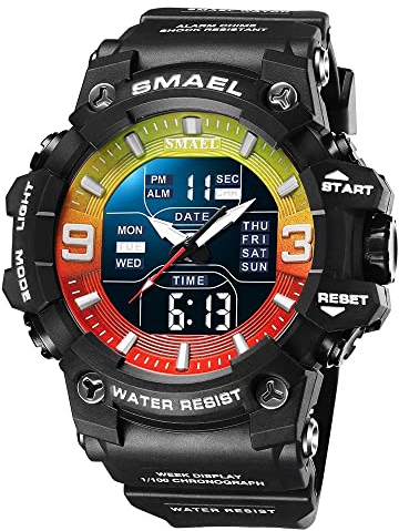 SMAEL Herren Militäruhren Outdoor Sport Uhr Wasserdicht LED Datum Alarm Digital Analog Armbanduhr für Männer, rot, grün, Large Face, Digital