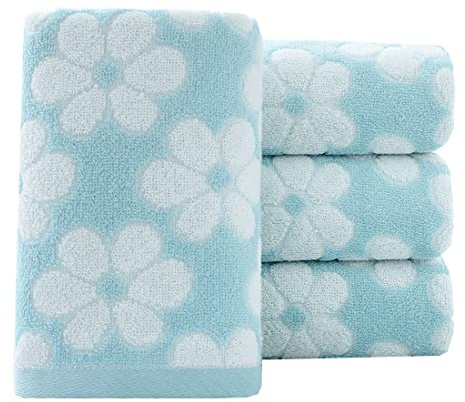 Pidada Baumwollhandtücher mit Blumenmuster, 4er-Set für Badezimmer (blau) | 100 % Baumwolle, saugfähig, weich, dekoratives Handtuch für Küche, Bar oder jede Spüle