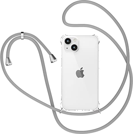 XTCASE für iPhone 14 Hülle mit Band, Transparent Silikon Handyhülle für iPhone 14 mit Kette Stossfest Schutzhülle - Schnur mit Case zum Umhängen in Grau