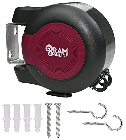 Ram® - Tendedero retráctil de 30 Metros con Doble Cable, Resistente para Colgar en la Pared, 2 líneas de 15 m, Color borgoña