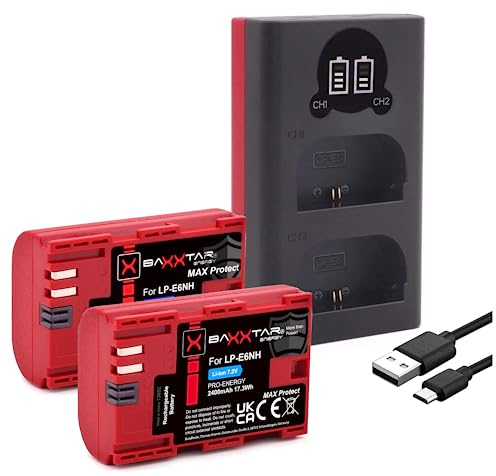 Baxxtar 2x Batteria LP-E6NH V1 MaxProtect (2600mAh) sensore NTC attivo, custodia V1, anche compatibile con Canon R5 R5c R6 R6II R7 (con caricatore 18602 Mini USB LCD)