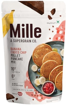 Millé Banana Choco-Chip 16g Plant Protein Pancake Mix | High Protein Breakfast | High Fibre | Vegetarian, Low Carb & Low Calorie | No Refined Flour, No Refined Sugar, Low GI Millet Grain | 250 grams