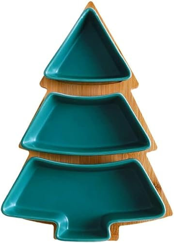 Grüner Weihnachtsbaumteller Chip & Dip Set, 27.9 cm Keramik-Snackteller mit Bambus-Tablett, abnehmbares Porzellan-Weihnachtsbaum-Vorspeisen, Dessert, Obst, Salat, Besteckplatte, Servierschale