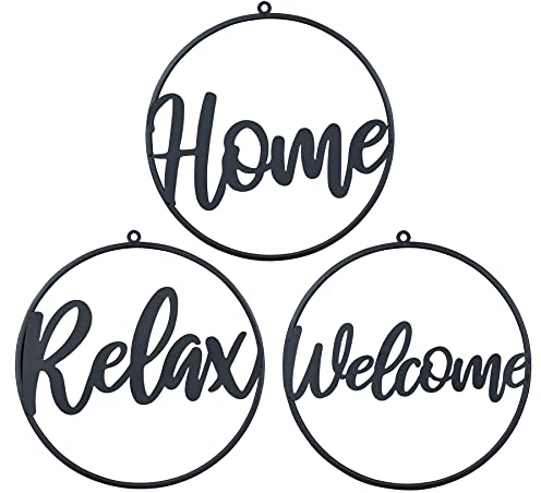 3er Set Metallbild Ø38cm Schwarz Welcome Home Relax Wandbild Rund Schild Wanddeko Metallschild