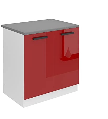 Belini Unterschrank Küche, Spülenunterschrank 80 cm Breite. SDZ Küchenunterschrank mit Arbeitsplatte. Spülenschrank mit 2 Türen, Rot Hochglanz