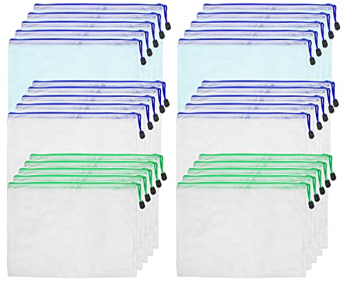 MUKCHAP 60 Stück Netztaschen mit Reißverschluss A4, Dokumententasche A4 Reißverschluss Kunststoffbeutel mit Reißverschluss, Bunte Dokumentenmappe für Akten, Bilderaufbewahrung, 3 Farben
