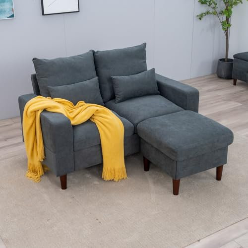 Panana 2 Seater with Footstool Chaise, Linen Fabric Small L-Shaped Corner Sofa Couch Armchair, 2 seater with Footstool, Grey