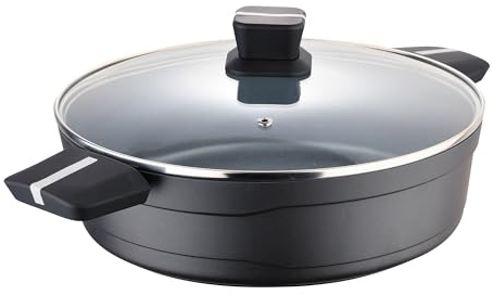 San Ignacio Bistro Grey - Olla Baja de 28cm - Fabricada en Aluminio Fundido - Interior En Acero Quantanium - Exterior En Negro Mate- Punto Inducción - Mango Soft Touch Negro