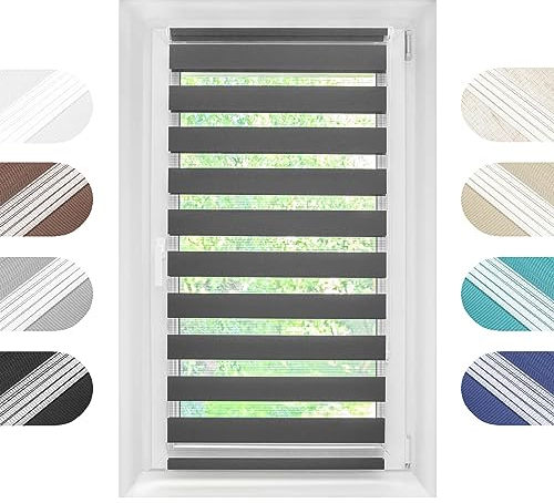 Birrke Doppelrollo Ohne Bohren/Mit Bohren 2in1 85 x 150 cm - Tag und Nacht Duo Rollo für Sonnenschutz und Sichtschutz - Doppel Rollo - Einfache Montage Dunkelgrau