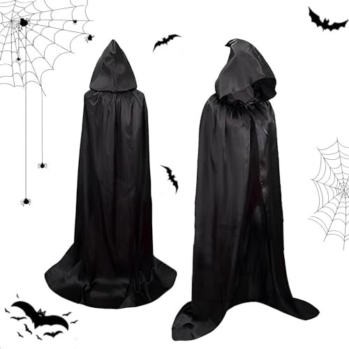 SFSSHUI Halloween Umhang mit Kapuze,Schwarzer Umhang Mit Kapuze,Halloween Schwarzer Cape,Halloween Kostüm,Darth Vader Umhang Mittelalter Umhang Cape Mantel Satin Karneval