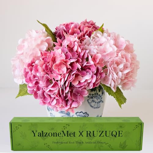 YalzoneMet Lot de 4 fleurs d'hortensia artificielles réalistes au toucher, en latex, de 53,3 cm de long, pour Thanksgiving, maison, cuisine, mariage, Noël, centre de table (2 roses + 2 rose clair)