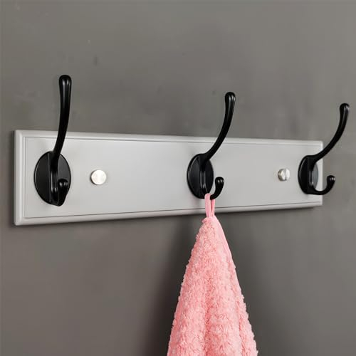 Lomejii Wall Coat Rack - Grey Wood with 3 Black Hooks, Modern Coat Rack for Children's Room, Bathroom, GB-31-3