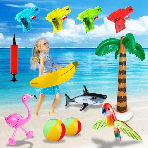 Aufblasbare Palme, 12 Stück Palmen Aufblasbar Spielzeug Set, Aufblasbare Tiere, Aufblasbarer Wasser-Hai, Aufblasbarer Flamingo für Kinder