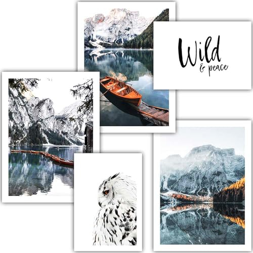 Poster Planet Set von 5 Plakaten - Premium Plakat Kollektion Glanz - PREMIUM-DRUCK - Wandbild Raum - UV-Lack veredelt Wand Plakat - Ohne Rahmen - Wohnzimmer Schlafzimmer - Bergsee