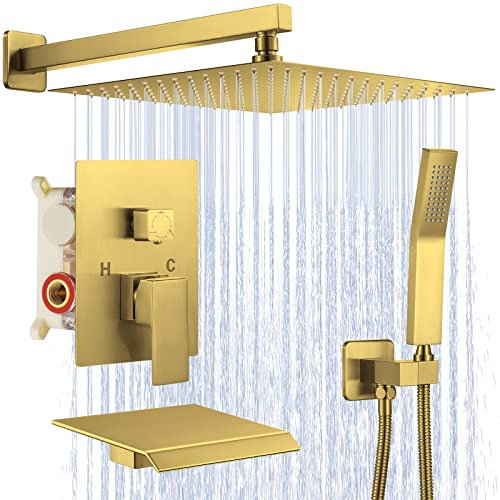JOMEOO 25,4 cm gebürsteter goldfarbener Duschkopf mit Wannenauslauf, 3 Funktionen, wandmontiertes Badewannen-Duscharmatur-Set, Badezimmer-Hochdruck-Regenduschkopf mit Handsprüher grob im Ventilkörper