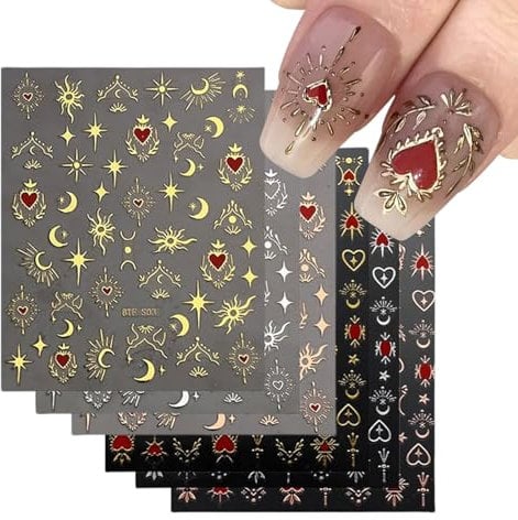Nail Stickers,12 Sheets Sun Moon Heart Star Nail Art Stickers Self-Adhesive,Gold Silver Rose Gold Nail Decals Nail Accessories Supplies for Women Girls Nail Art Design Decorations