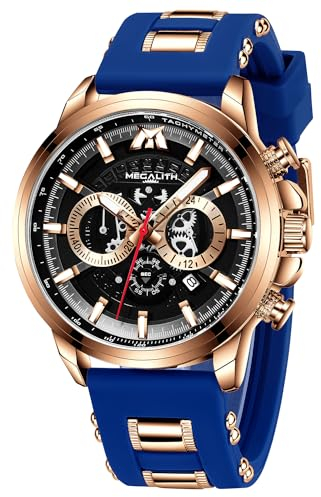 MEGALITH Herrenuhren Chronograph Armbanduhr Männer: Groß Wasserdicht Gummi - Analog Blau-Roségold Geschenk fur Herren