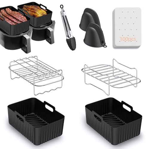 Air Fryer Accessories, 8pcs for Ninja Dual AF400UK & Tower T17088 & AF300UK, Dual Silicone Air Fryer Liners & Gloves, Air Fryer Rack & Food Tong & Paper Lining Compatible with Oven, Microwave