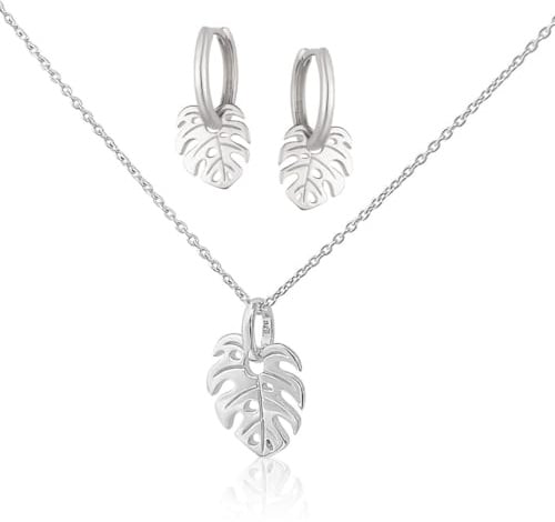 Mary & Jules Schmuckset Monstera Halskette und Ohrringe, aus recyceltem Silber, 925 Sterling Silber, mit Monstera Blatt Anhänger, Kette und Creolen, für Frauen Mädchen