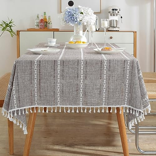 meioro Böhmische Tischdecke für Küche Dekoration, 100x160cm Makramee Tischtuch mit Quasten, Rechteckige Leinen Tischwäsche, Gestreifte Tafeldecke Mesh Tischdecken für Esstisch Tabletop(Braun)
