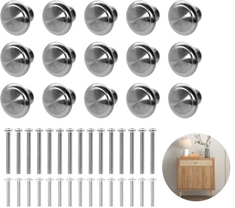 15 PCS Cabinet Door Knobs, 27mm Silver Round Brushed Metal Mushroom Drawer Handles With 30 Long Short Screws - Sturdy Pull Handle for Kitchen Cabinet, Dresser, Wardrobe Furniture