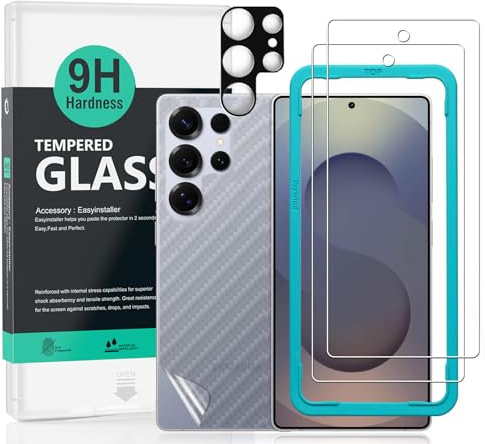 Ibywind 2 Piezas Protector Pantalla para Samsung Galaxy S25 Ultra 5G 6,8+1 Pieza Protector Cámara+1 Pieza Protector Trasera Fibra Carbono,Dureza 9H Cristal Templado,Fácil de instalar