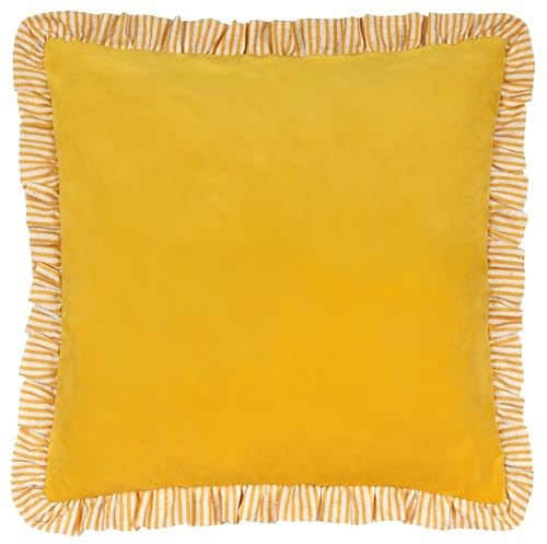 furn. Wylder Solene Ruffle Cushion Cover – Soft Pastel Velvet Striped Trim Decorative Case (Yellow – 45x45cm)