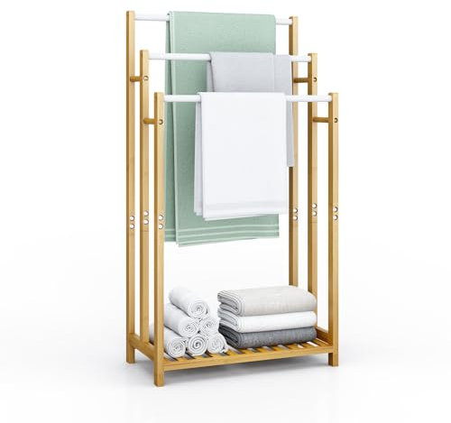 Dripex Freistehender Handtuchhalter Bambus Höhe 86 cm Handtuchständer Badetuchhalter mit 3 Edelstahlstangen und Ablage für Badezimmer, Zuhause, Natur 86H x 46B x 24T cm (86 cm)