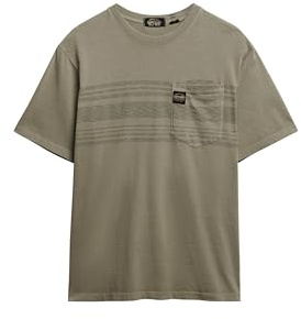 Superdry Herren T-Shirt mit Tasche und Kontraststreifen Verwaschenes Vintage Kaki M