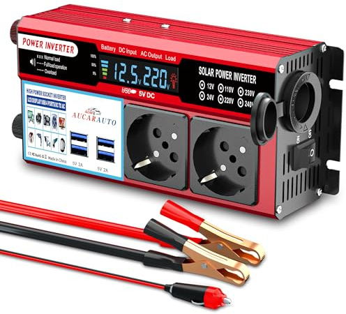 AUCARAUTO 500W Spannungswandler mit LED Digitalanzeige, Wechselrichter 12V auf 230V Stromwandler mit 4 USB-A Anschluss und 2 KFZ Steckdose, Laden Sie Ihr Laptop, iPad, iPhone, Tablet Und Mehr