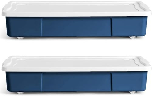 KYY'Z - 2x 47L Wheeled Underbed Storage Boxes Plastic Storage Containers on Wheels Ideal for Clothes Toys Bedding Organiser Stackable Home Bedroom Storage Blue Box with White Lid