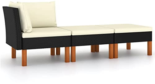 Nusvialune 3-tlg. Garten-Lounge-Set aus Poly Rattan und massivem Eukalyptusholz mit Kissen, wetterfestes Gartensofa für Terrasse, Balkon, Wintergarten, komfortable Sitzgruppe zum Entspannen und Liegen