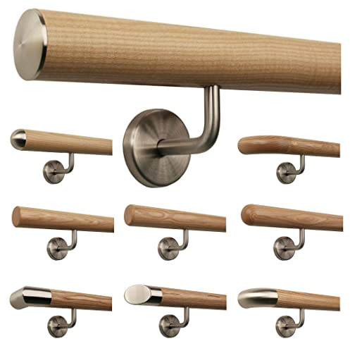 TIBU Esche Holz Handlauf Geländer 0,3m - 6m, Länge 490 cm, Ende leicht gewölbte Edelstahlkappe und 6 gewinkelte Halter