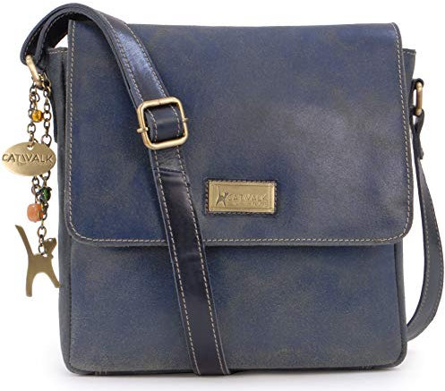 Catwalk Collection Handbags - Damen Antik - Leder Umhängetasche - Messenger Bag Mittelgroß - Arbeitstasche für Notizbuch A5 - Sabine - Blau