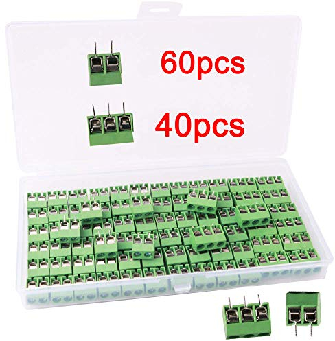RUNCCI-YUN 100 Pezzi 5mm 2 Pin / 3 Pin Morsettiera a Vite PCB Blu per Prototipo PCB Scheda Circuito Stampato (60pz 2 Pin, 40pz 3 Pin)
