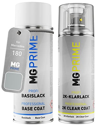 MG PRIME Autolack 2K Spraydosen Set für Mercedes 180 Silbergrau Metallic/Metallsilbergrau Basislack 2 Komponenten Klarlack Sprühdose
