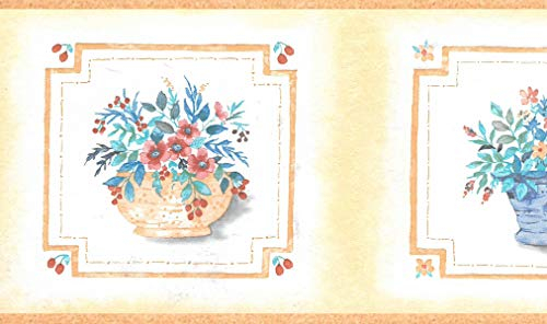 Dundee Deco BD6088 Frise de Papier Peint, Frise Murale, Bordure de papier peint précollé Motif floral marron, bleu, rose, orange fleurs en pot Motif rétro 4,57 m x 12,7 cm