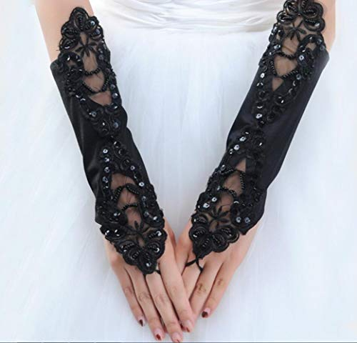 MoreChioce Damen Armstulpen Handschuhe,Vintage Brauthandschuhe 1920er Stil Spitzenhandschuhe mit Perle Strass Hochzeithandschuhe Fingerlos Handschuhe Sexy Abendkleid Lace Stulpen,Schwarz