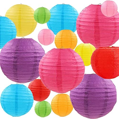 ASelected 24 PCS Bunte Papier Laterne, 25/20/15/10 cm Papierlampions Runde, Lampenschirm Papierlaterne, Bunte Papierlaterne für Hochzeiten, Geburtstage
