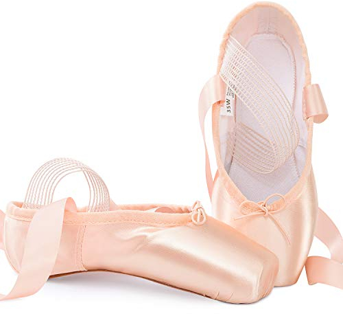 Soudittur Ballett Spitzenschuhe Satin Ballettschuhe Tanzschuhe mit Genähtes Elastisch Band und Silikon-Zehenpolstern für Damen Mädchen EU 37